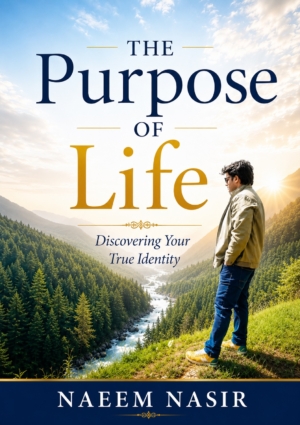 Book cover with a man standing on a hillside overlooking a river valley; title 'The Purpose of Life' and subtitle 'Discovering Your True Identity' by Naeem Nasir