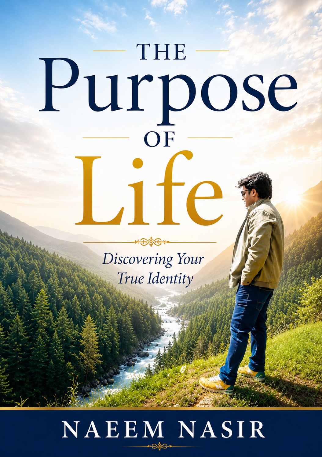 Book cover with a man standing on a hillside overlooking a river valley; title 'The Purpose of Life' and subtitle 'Discovering Your True Identity' by Naeem Nasir