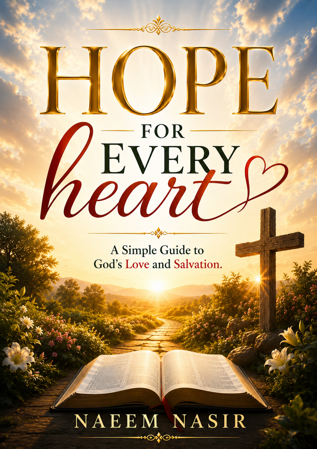 Book cover for 'Hope for Every Heart' by Naeem Nasir, featuring a sunrise, garden path, open Bible, and a wooden cross in the foreground.