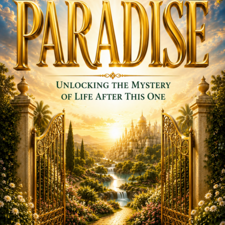 Book cover for 'Paradise' featuring large gold lettering, ornate gates opening to a sunlit garden and distant city—about life after death by Naeem Nasir.