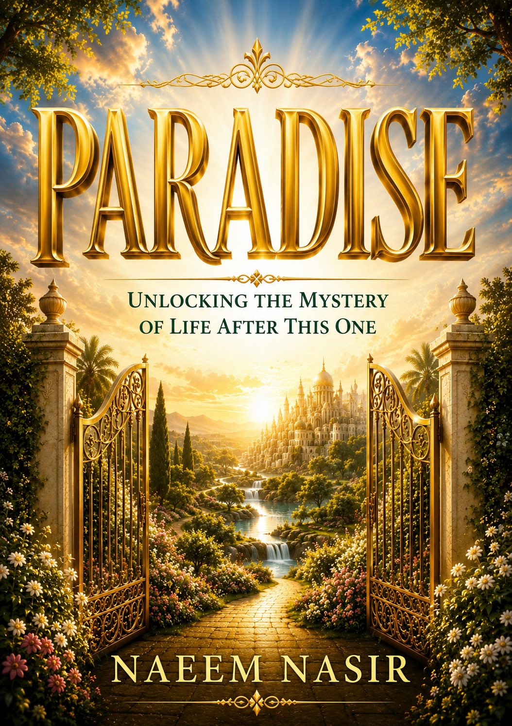 Book cover for 'Paradise' featuring large gold lettering, ornate gates opening to a sunlit garden and distant city—about life after death by Naeem Nasir.